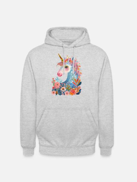 Einhorn Blumen Floral Bunt Kinder Mädchen Geschenk - Unisex Hoodie - Hellgrau meliert