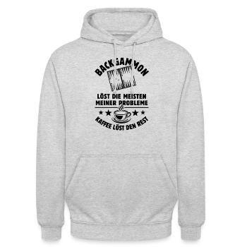 Backgammon löst meine Probleme - Kaffee Spruch - Unisex Hoodie - Hellgrau meliert - Vorne - Alina (178cm) & Michal (187cm)