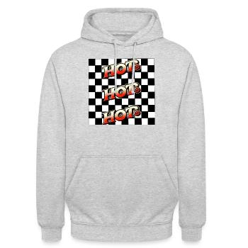 Retro-Pop-Art Design Schachbrettmuster HOT HOT HOT - Unisex Hoodie - Hellgrau meliert - Vorne - Alina (178cm) & Michal (187cm)
