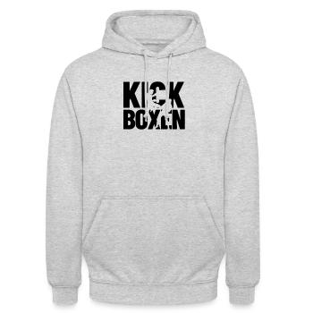 Maillot de kickboxing avec kickboxer par écrit - Sweat-shirt à capuche unisexe - gris clair chiné - Devant - Alina (178cm) & Michal (187cm)