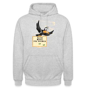 Keine Möbel für Boomer. Kra kra - Unisex Hoodie - Hellgrau meliert - Vorne - Alina (178cm) & Michal (187cm)