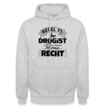 Drogist Geschenke – Hat immer Recht - Unisex Hoodie - Hellgrau meliert - Vorne - Alina (178cm) & Michal (187cm)