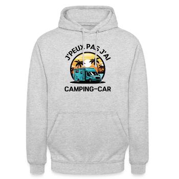 j'peux pas j'ai camping-car, humour vacances fun - Sweat-shirt à capuche unisexe - gris clair chiné - Devant - Alina (178cm) & Michal (187cm)