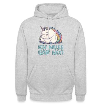 Dickes Einhorn - Ich muss gar nix! - Unisex Hoodie - Hellgrau meliert - Vorne - Alina (178cm) & Michal (187cm)