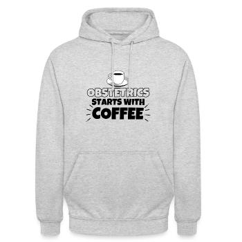 Geburtshilfe Kaffee lustiger Spruch - Unisex Hoodie - Hellgrau meliert - Vorne - Alina (178cm) & Michal (187cm)