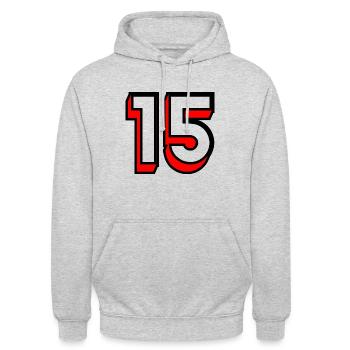15. 15 JAHRE. 15-jähriges Jubiläum. GEBURTSTAG 15 JAHRE. - Unisex Hoodie - Hellgrau meliert - Vorne - Alina (178cm) & Michal (187cm)