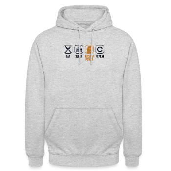 Essen, Schlafen, Kernkraft, Wiederholung, Uran, Kernkraft - Unisex Hoodie - Hellgrau meliert - Vorne - Alina (178cm) & Michal (187cm)