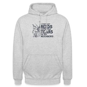 Befeuchte mein Schilf mit Tränen des Blasrohrs meiner Nachbarn - Unisex Hoodie - Hellgrau meliert - Vorne - Alina (178cm) & Michal (187cm)