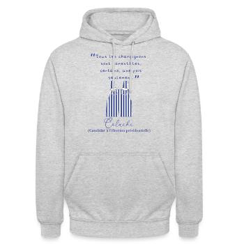 Coluche, citation sur les champignons - Sweat-shirt à capuche unisexe - gris clair chiné - Devant - Alina (178cm) & Michal (187cm)