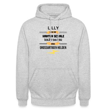Lilly unter harte Schale eines Großartigen Helden - Unisex Hoodie - Hellgrau meliert - Vorne - Alina (178cm) & Michal (187cm)