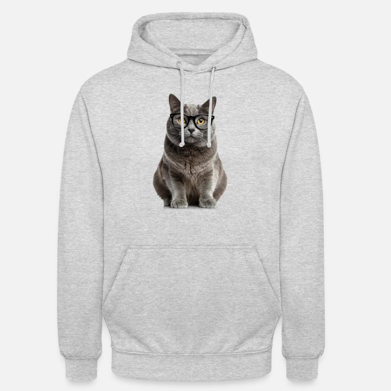 Graue Katze mit Brille – Smart, süß & absolut kult - Unisex Hoodie - Hellgrau meliert
