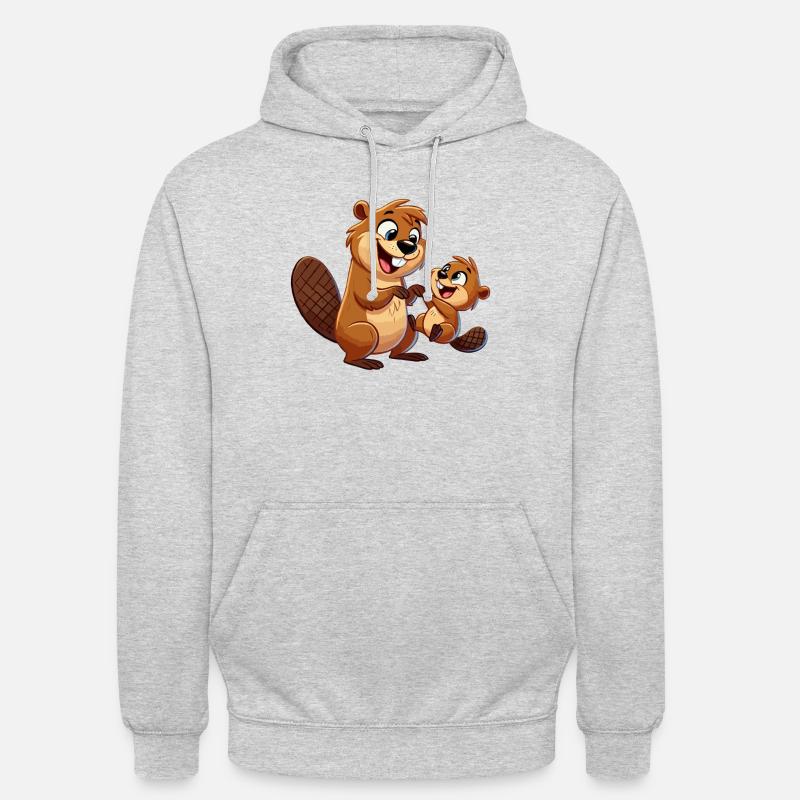 Bibermutter mit herumtollendem Kind - Unisex Hoodie - Hellgrau meliert