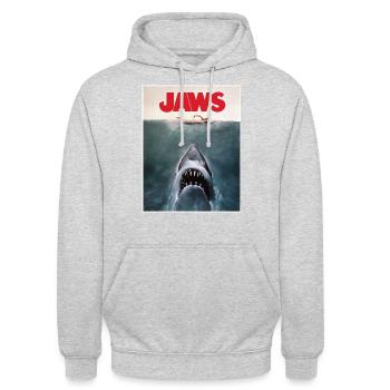 Der Weiße Hai Jaws Filmposter-Logo Mit Hai - Unisex Hoodie - Hellgrau meliert - Vorne - Alina (178cm) & Michal (187cm)