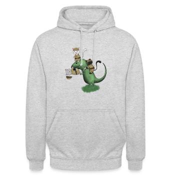Kawaii Campingkatzen reiten auf Dinosaurier-Shirt - Unisex Hoodie - Hellgrau meliert - Vorne - Alina (178cm) & Michal (187cm)