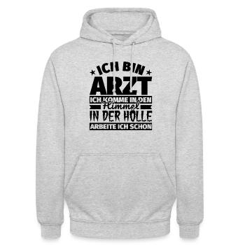 Arzt Geschenk lustig Himmel Hölle - Unisex Hoodie - Hellgrau meliert - Vorne - Alina (178cm) & Michal (187cm)
