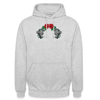 Gun Roses Rosen Pistole Waffe Rose no war anti war - Unisex Hoodie - Hellgrau meliert - Vorne - Alina (178cm) & Michal (187cm)