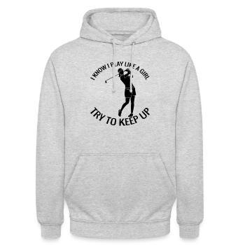 Golf Spruch Golfball Golfspielerin Golfschläger - Unisex Hoodie - Hellgrau meliert - Vorne - Alina (178cm) & Michal (187cm)