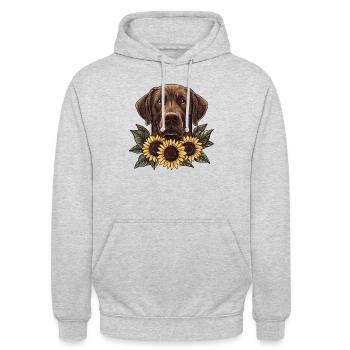 Brauner Labrador mit Sonnenblumen - Unisex Hoodie - Hellgrau meliert - Vorne - Alina (178cm) & Michal (187cm)