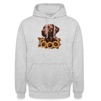 Brauner Labrador mit Sonnenblumen - Unisex Hoodie - Hellgrau meliert - Vorne - Alina (178cm) & Michal (187cm)