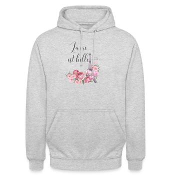 La vie est belle - Sweat-shirt à capuche unisexe - gris clair chiné - Devant - Alina (178cm) & Michal (187cm)