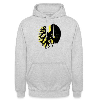Herzblatt Schwarz gelb Catalpa - Unisex Hoodie - Hellgrau meliert - Vorne - Alina (178cm) & Michal (187cm)