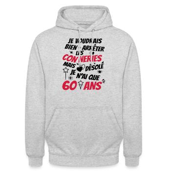 humour conneries anniversaire 60 ans - Sweat-shirt à capuche unisexe - gris clair chiné - Devant - Alina (178cm) & Michal (187cm)