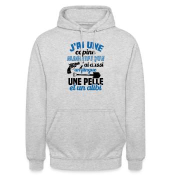 J'ai une Copine Magnifique - Flingue, Pelle, Alibi - Sweat-shirt à capuche unisexe - gris clair chiné - Devant - Alina (178cm) & Michal (187cm)