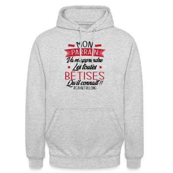 Parrain va m'apprendre les bêtises qu il connait - Sweat-shirt à capuche unisexe - gris clair chiné - Devant - Alina (178cm) & Michal (187cm)