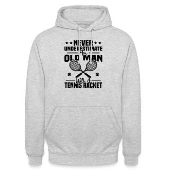 Unterschätze niemals einen alten Mann mit einem Tennisschläger - Unisex Hoodie - Hellgrau meliert - Vorne - Alina (178cm) & Michal (187cm)