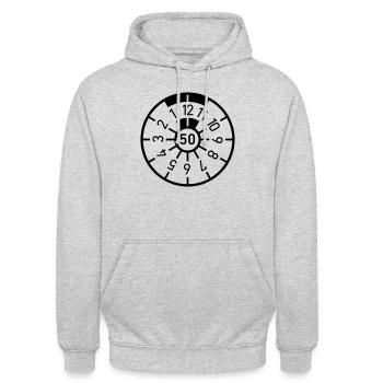 Geburtstag 50 Fünfzig TÜV Plakette - Unisex Hoodie - Hellgrau meliert - Vorne - Alina (178cm) & Michal (187cm)