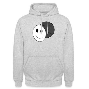 Glückliche Maske der Depression - Unisex Hoodie - Hellgrau meliert - Vorne - Alina (178cm) & Michal (187cm)