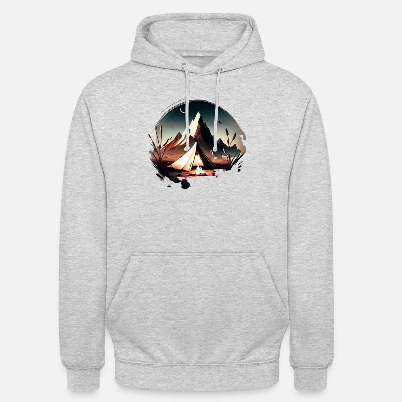 Tente dans les montagnes avec feu de camp - Sweat-shirt à capuche unisexe - gris clair chiné