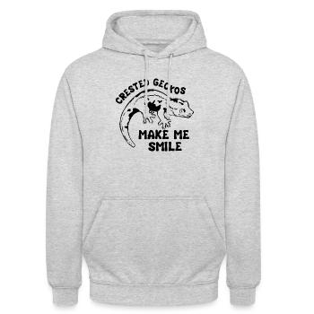 Ironischer Spruch „Crested Geckos“ - Unisex Hoodie - Hellgrau meliert - Vorne - Alina (178cm) & Michal (187cm)