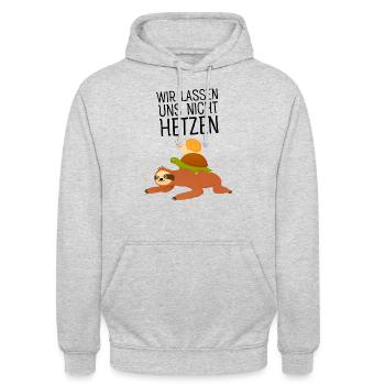 Nicht Hetzen - Faultier Schnecke Schildkröte - Unisex Hoodie - Hellgrau meliert - Vorne - Alina (178cm) & Michal (187cm)