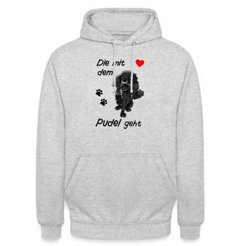 Pudeldesign - Die mit dem Pudel geht Comicstyle - Unisex Hoodie - Hellgrau meliert - Vorne - Alina (178cm) & Michal (187cm)