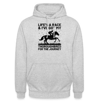 Courses de chevaux pur-sang Équitation Chevaux équestres - Sweat-shirt à capuche unisexe - gris clair chiné - Devant - Alina (178cm) & Michal (187cm)