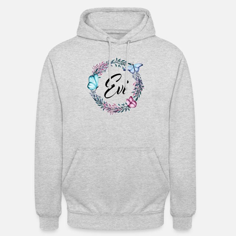 Evi, nom, lettrage, couronne de fleurs, cadeau - Sweat-shirt à capuche unisexe - gris clair chiné
