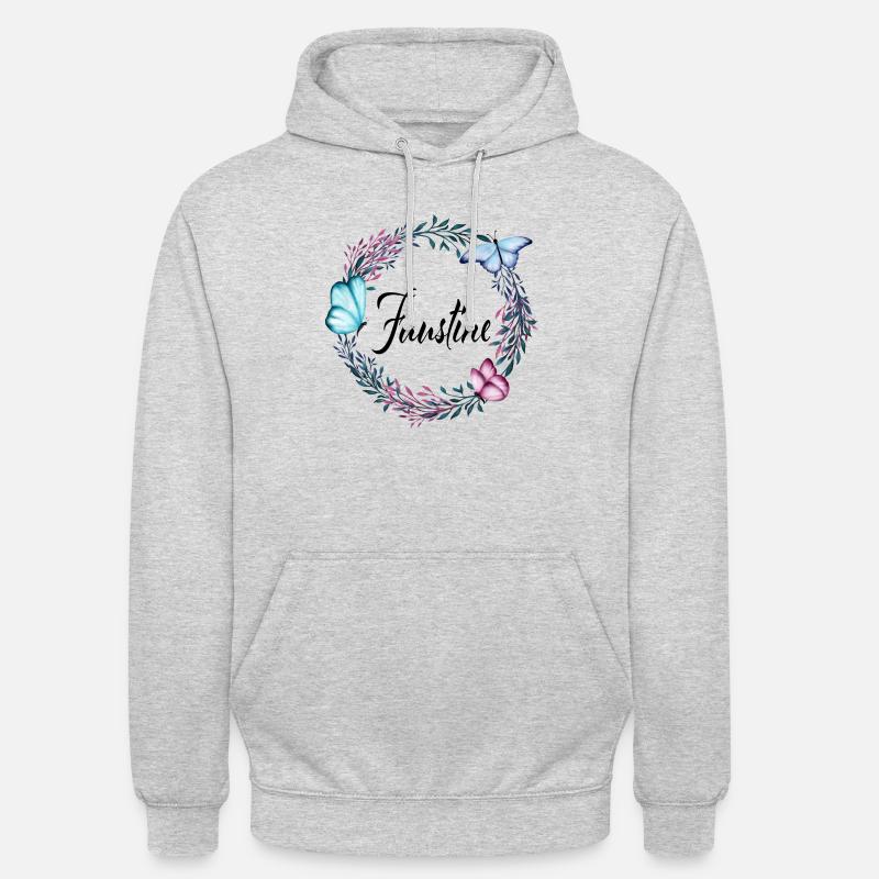 Faustine, nom, lettrage, couronne de fleurs cadeau - Sweat-shirt à capuche unisexe - gris clair chiné