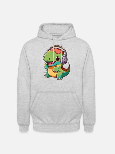 Kawaii Cute Happy Colorful Dino with Headphones - Unisex Hoodie - light heather grey