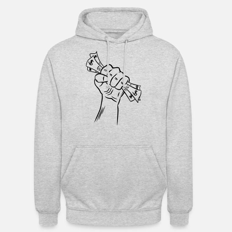 La main avec de l'argent - Sweat-shirt à capuche unisexe - gris clair chiné