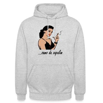 Samo da zapalim Frau - Unisex Hoodie - Hellgrau meliert - Vorne - Alina (178cm) & Michal (187cm)