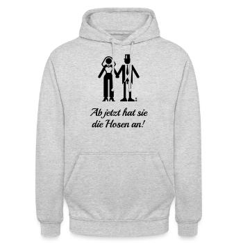 Ab Jetzt Hat Sie Die Hosen An! (JGA / Bräutigam) - Unisex Hoodie - Hellgrau meliert - Vorne - Alina (178cm) & Michal (187cm)