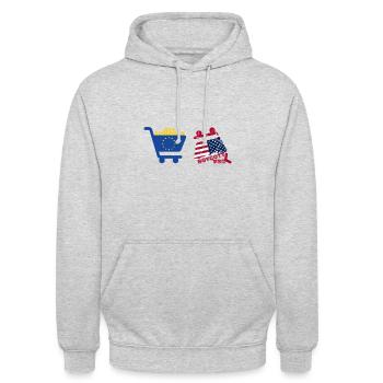 Europäisch kaufen: Boykott USA, Einkaufswagen - Unisex Hoodie - Hellgrau meliert - Vorne - Alina (178cm) & Michal (187cm)