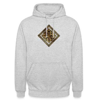 Keltisch7 Pergament mit schwarzem Hintergrund - Unisex Hoodie - Hellgrau meliert - Vorne - Alina (178cm) & Michal (187cm)
