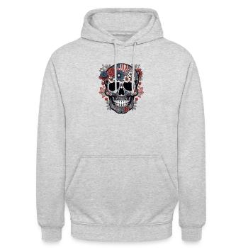 Crâne avec drapeau des États-Unis et motif floral - Sweat-shirt à capuche unisexe - gris clair chiné - Devant - Alina (178cm) & Michal (187cm)