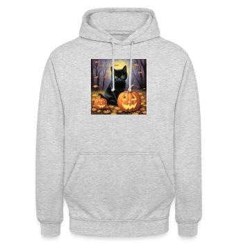 Chat pastel le soir d’Halloween - Sweat-shirt à capuche unisexe - gris clair chiné - Devant - Alina (178cm) & Michal (187cm)