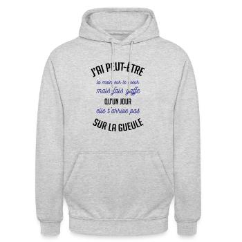 j'ai peut être la main sur le coeur cadeau humour - Sweat-shirt à capuche unisexe - gris clair chiné - Devant - Alina (178cm) & Michal (187cm)
