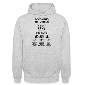 60. GEBURTSTAG ALTE SCHACHTEL SCHONEND BEHANDELN - Unisex Hoodie - Hellgrau meliert - Vorne - Alina (178cm) & Michal (187cm)