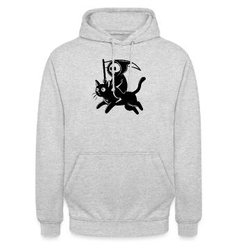 L’homme mort chevauche un chat noir, drôle - Sweat-shirt à capuche unisexe - gris clair chiné - Devant - Alina (178cm) & Michal (187cm)