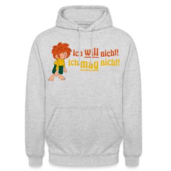 Pumuckl Mit Spruch Ich Will Nicht! Ich Mag Nicht!  - Unisex Hoodie - Hellgrau meliert - Vorne - Alina (178cm) & Michal (187cm)